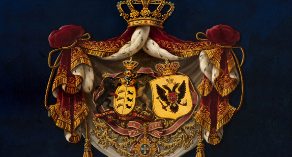Tafel mit Allianzwappen von Kronprinz Karl und Olga Nikolajewna, Holz, 1846, 37,9x52,8 - Doppelwappen der Häuser Württemberg und Romanow von der Stuttgarter Hochzeitskutsche. Der Künstler ist unbekannt.
