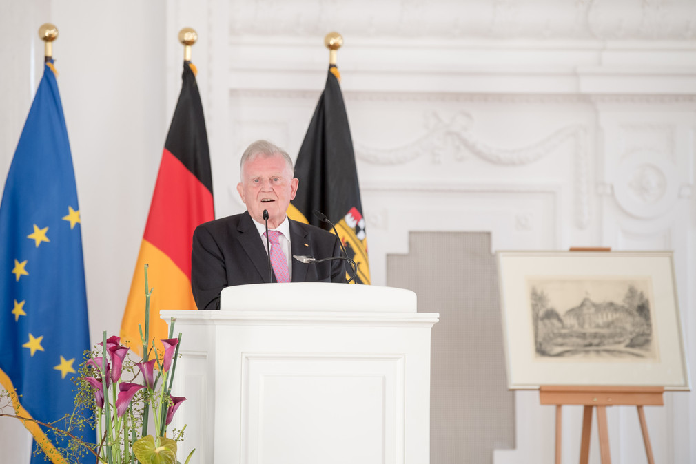 Der ehemalige Ministerpräsident Prof. Dr. h. c. Erwin Teufel hält beim Empfang der Landesregierung zu seinem 80. Geburtstag eine Rede. 