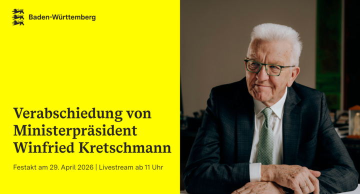 Links eine gelbe Fläche mit dem Landeswappen von Baden-Württemberg und schwarzer Schrift: „Verabschiedung von Ministerpräsident Winfried Kretschmann. Live ab 11 Uhr.“ Rechts sitzt Winfried Kretschmann an einem Tisch, er trägt einen dunklen Anzug, ein weißes Hemd und eine gemusterte Krawatte.