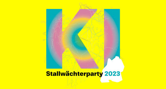 Logo der 58. Stallwächterparty: Die Buchstaben K und I stehen auf einem gelben Fonds. Sie haben einen Verlauf von türkis nach pink, gelb und grün. Ein neuronales Netz liegt im Hintergrund und geht in die Buchstaben über. Unter den Buchstaben steht Stallwächterparty 2023. Die Zahl 2023 ist im weißen Flächenumriss derLandesgrenze Baden-Württembergs  eingebunden.