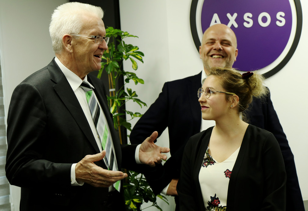 Ministerpräsident Winfried Kretschmann (l.) beim Firmenbesuch der Axsos AG in Ramallah
