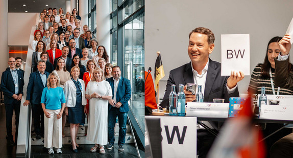 Collage aus zwei Fotos: Teilnehmende der GFMK 2026 stehen als Gruppe auf einer Treppe, Foto von Baden-Württembergs Sozialminister Oliver Hildenbrand mit Abstimmungsschild für Baden-Württemberg in der erhobenen Hand.