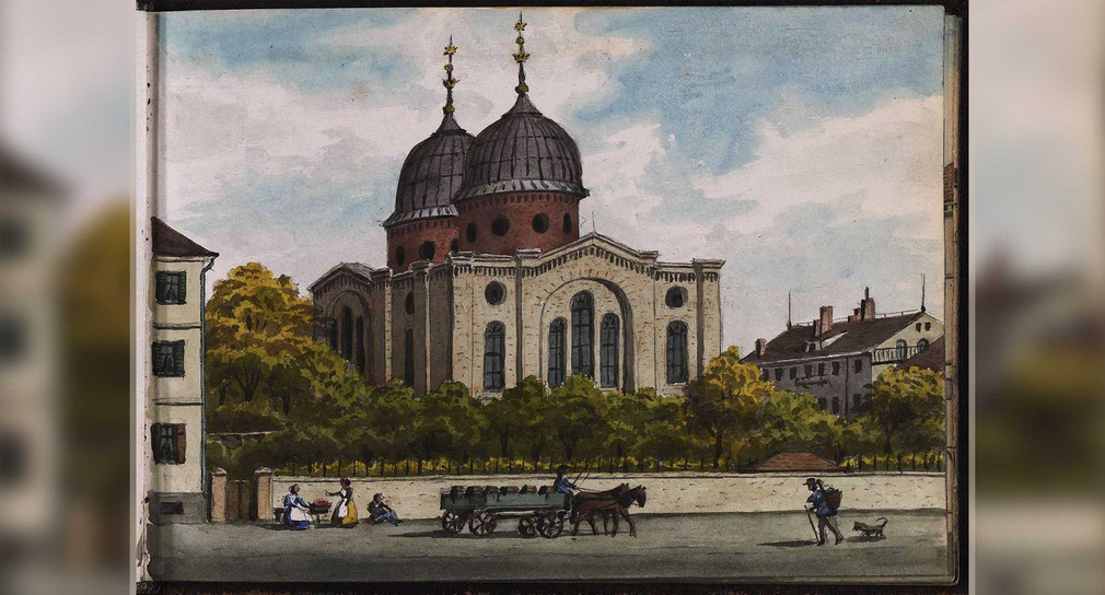 Aquarell „Die Synagoge an der Hospitalstraße in Stuttgart“ von Christian von Martens (6. Oktober 1868) (Bild: Landesarchiv Baden-Württemberg, Abt. HStA Stuttgart J 56 Bü 10)