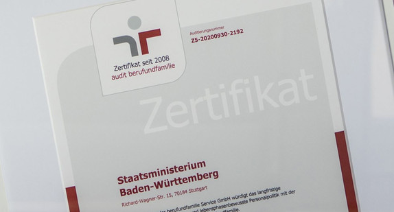 Zertifikat audit berufundfamilie für das Staatsministerium Baden-Württemberg