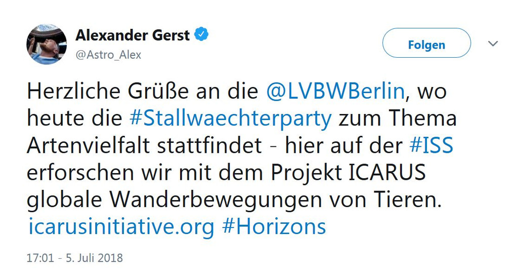 Auf der Social Media Wall der Stallwächterparty: Tweet von Alexander Gerst