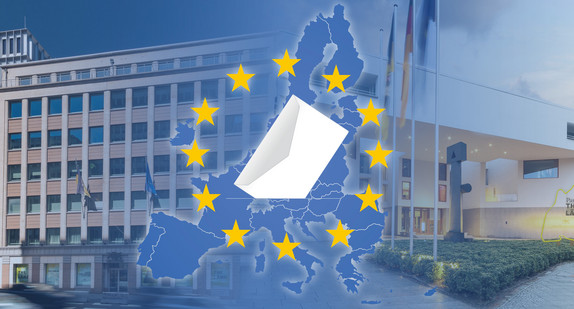 Das Einladungsbild zeigt die Vertretungen Brüssel und Berlin. In der Mitte die Europastaaten und die Europasterne sowie ein Brief, der die Abstimmung symbolisieren soll.