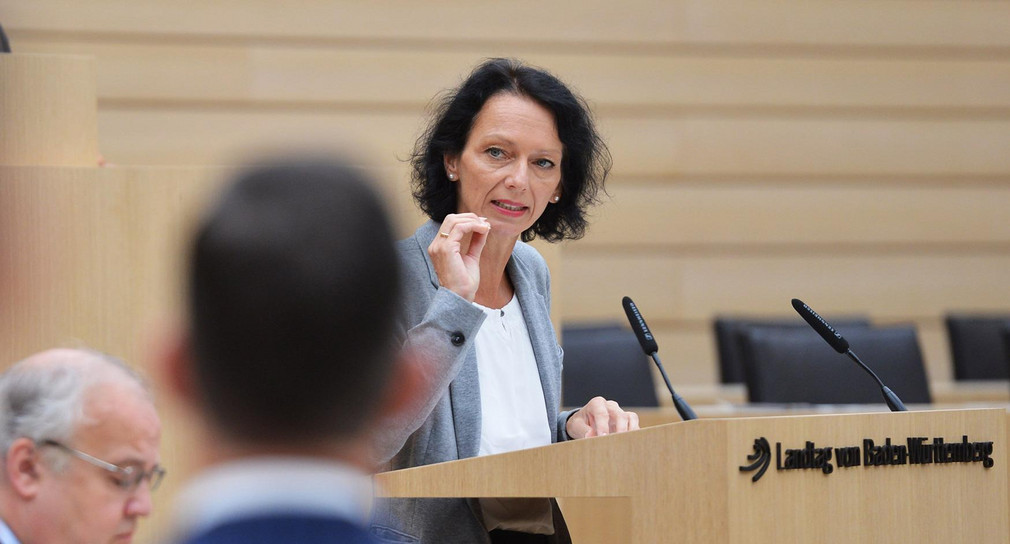 Susanne Bay spricht im Stuttgarter Landtag.
