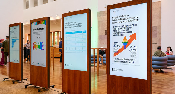 Themenreihe Digitale Hetze, reale Gewalt – Wie stoppen wir den Hass gegen LSBTQIA+? Infotafeln im Foyer der Landesvertretung
