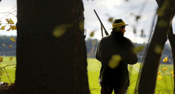 Ein Jäger steht mit seinem Gewehr am Waldrand. (Bild: Felix Kästle / dpa)