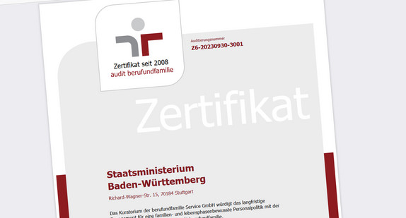 Abbdildung eines Ausschnitts des Zertifikat audit berufundfamilie für das Staatsministerium Baden-Württemberg 2023.