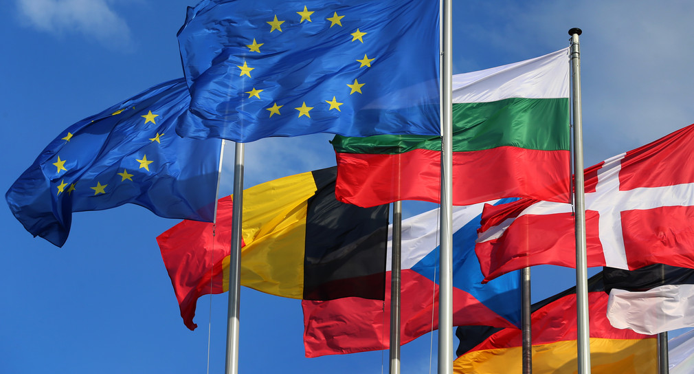 Nationalfahnen der EU-Mitgliedsstaaten sind vor dem Europäischen Parlament in Straßburg aufgezogen. (Bild: Karl-Josef Hildenbrand/dpa)