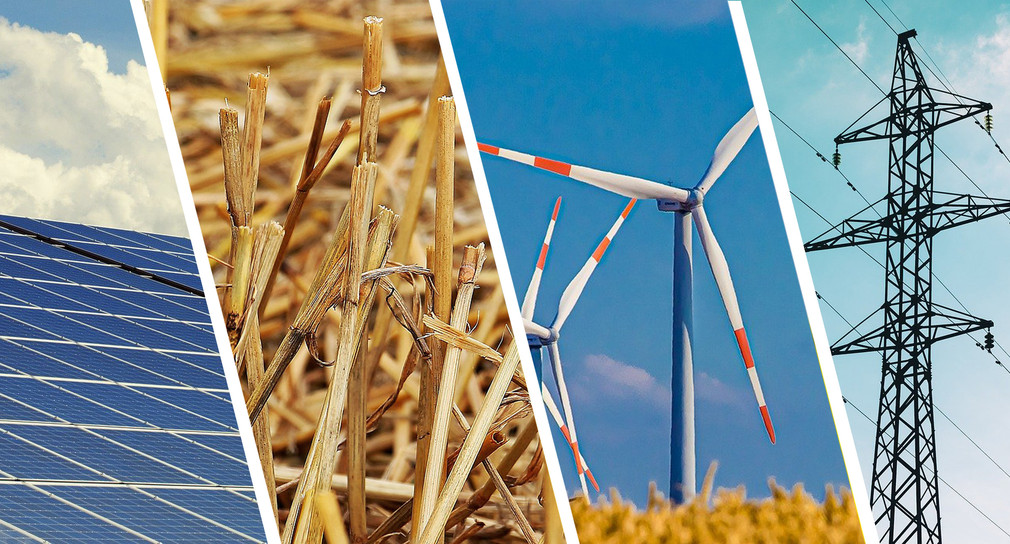 Fotomontage aus vier Bildern mit Solarzellen, Getreidehalmen, Windrädern und Strommasten.