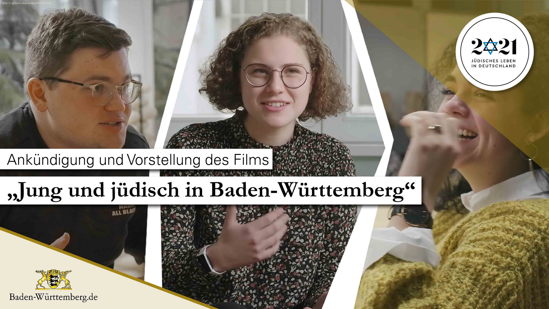 Drei Personen aus dem Film sind nebeneinander abgebildet. Dazu ein Schriftzug „Ankündigung und Vorstellung des Films „Jung und jüdisch in Baden-Württemberg““, das Landeswappen und das Jubiläumslogo.