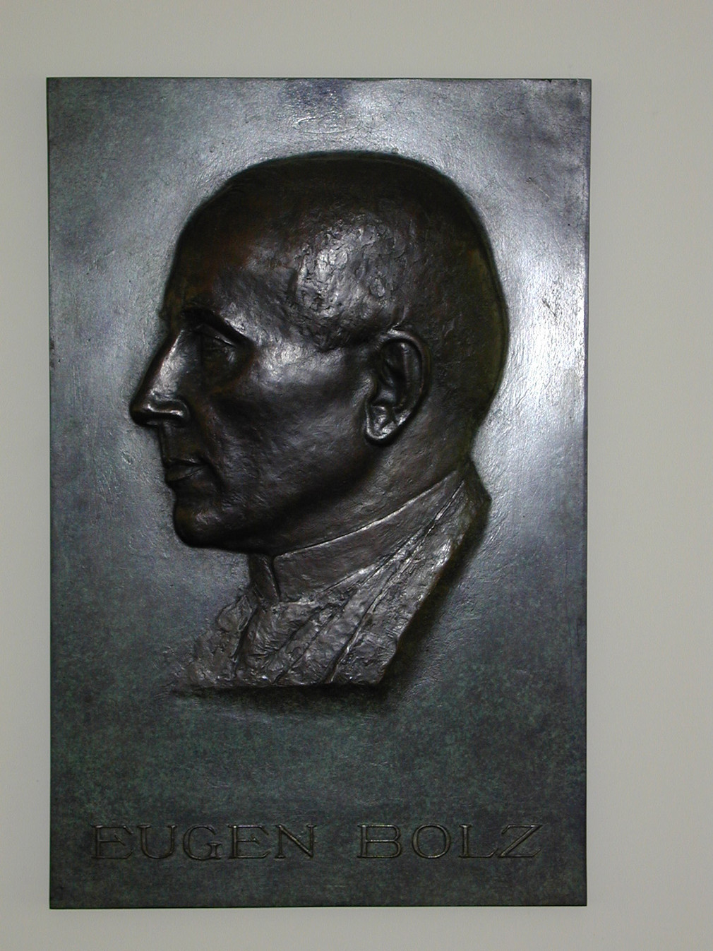 Die 60 x 39 cm große Bronzetafel – Portrait mit Bruststück im Dreiviertel-Profil als Relief, darunter der Name des Dargestellten Eugen Bolz - ebenfalls als Relief ausgeführt – wurde im September 1955 von der Vertretung des Landes beim Bund – damals noch in Bonn – bei der Württembergischen Metallwarenfabrik erworben.