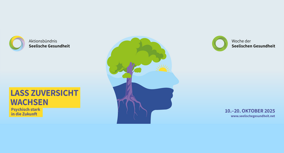 Grafik eines Kopfes, gefüllt mit einem Baum vor blauem Himmel und Sonne. Daneben Text: 10.-20. Oktober 2025, www.seelischegesundheit.net, das Motto „Lass Zuversicht wachsen - Psychisch stark in die Zukunft“ und die Logos des Aktionsbündnisses und der Woche Seelische Gesundheit.