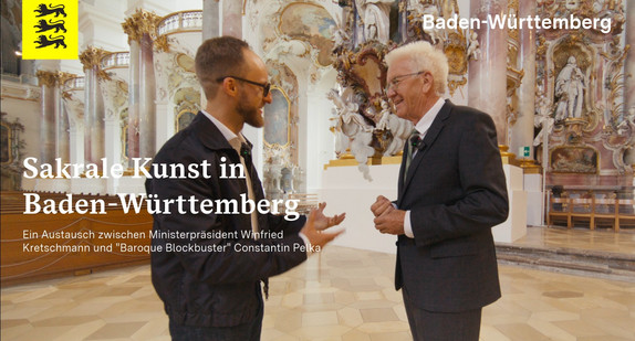 Ministerpräsident Winfried Kretschmann trifft "Baroque Blockbuster" Constantin Pelka im Kloster Zwiefalten. 