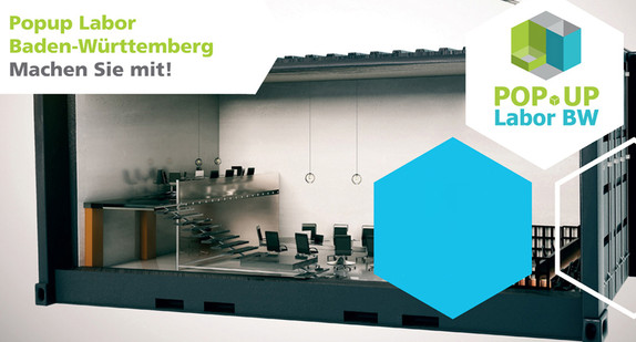 Über einem Modell eines Konferenzraums steht der Text „Popup Labor Baden-Württemberg – Machen Sie mit!“