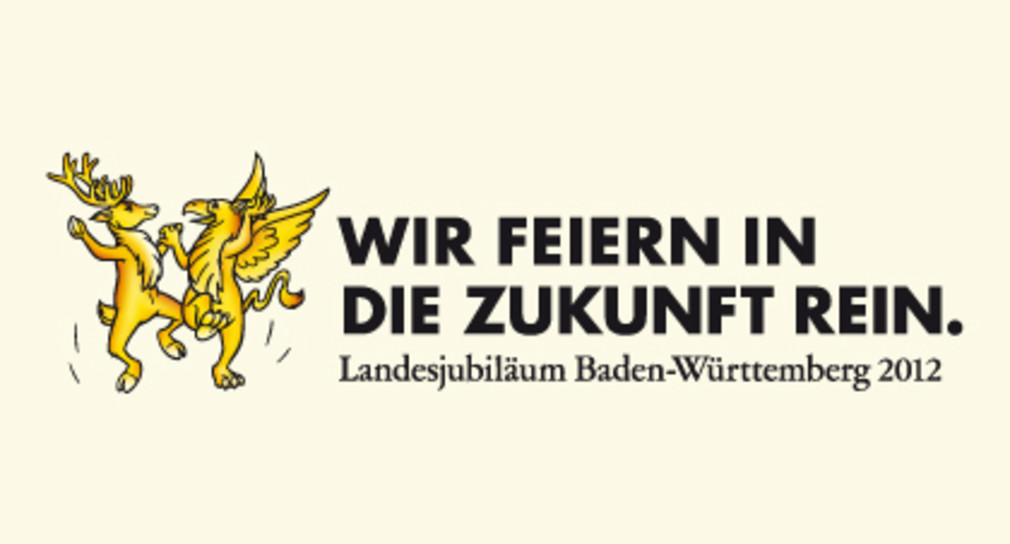 Tanzende Wappentiere mit dem Schriftzug "Wir feiern in die Zukunft rein. Landesjubiläum Baden-Württemberg 2012"