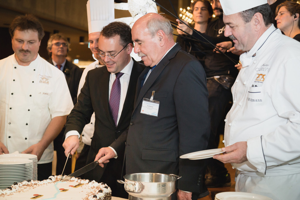Minister Peter Friedrich (2.v.l.) und der Ulmer Oberbürgermeister Ivo Gönner (2.v.r.) schneiden eine Torte an.