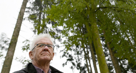 Ministerpräsident Winfried Kretschmann (Bündnis 90/Die Grünen) steht bei einer Waldbegehung unter Bäumen. (Bild: © picture alliance/Patrick Seeger/dpa)