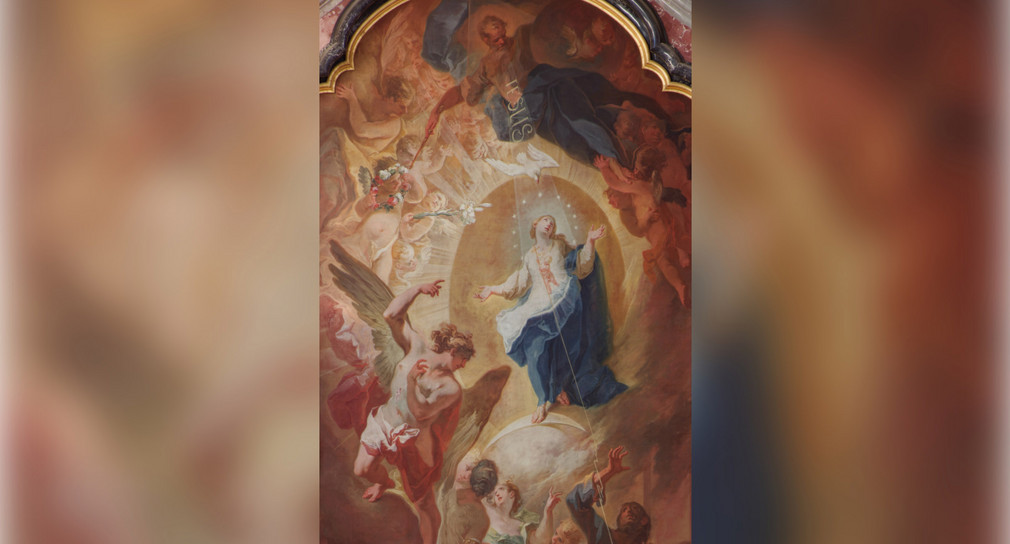 Motiv der Weihnachtskarte: Menschwerdung Christi durch Maria (Maria Immaculata), Detail des Hochaltars im Mönchschor des Münsters Zwiefalten (1747 – 1753), Franz Joseph Spiegler