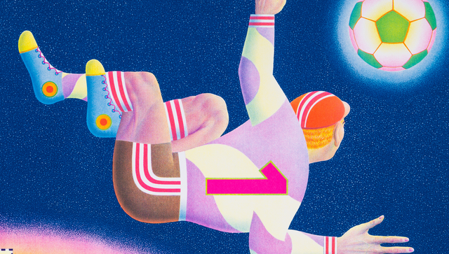 Das Motiv von Fritz Genkinger (1934 - 2017) zeigt einen Fussballtorwart in Aktion. Dynamisch liegt der Torh&uuml;ter seitlich und versucht den n&auml;herkommenden Fussball abzuwehren. Die Farbgebung ist bunt und leuchtend.