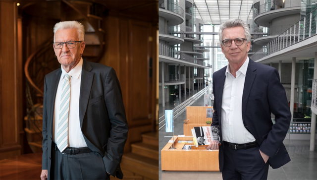 Porträtaufnahme links:  Ministerpräsident Winfried Kretschmann; Porträtaufnahme rechts: Thomas de Maizière
